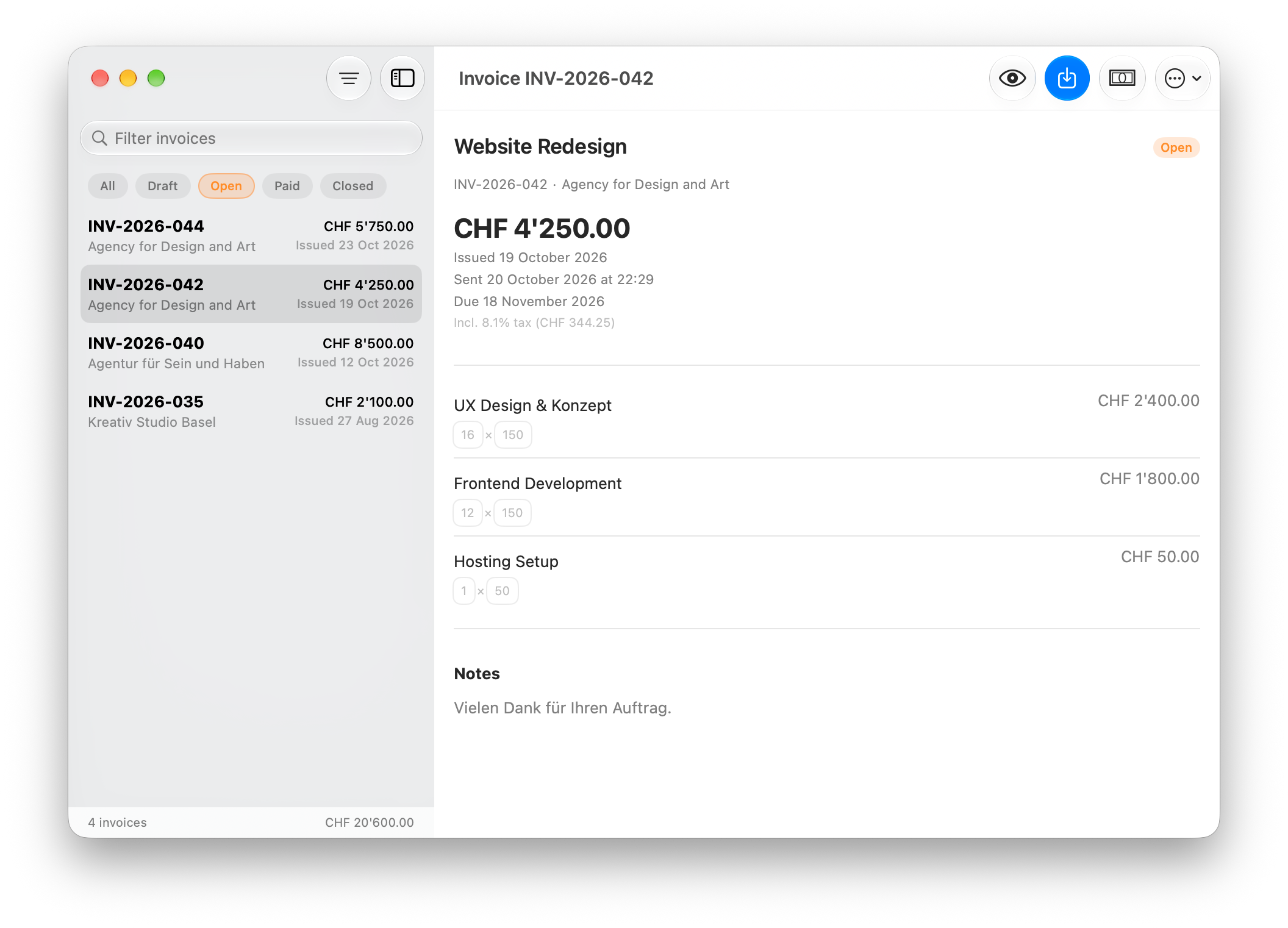 Harvie invoice list and detail view on macOS