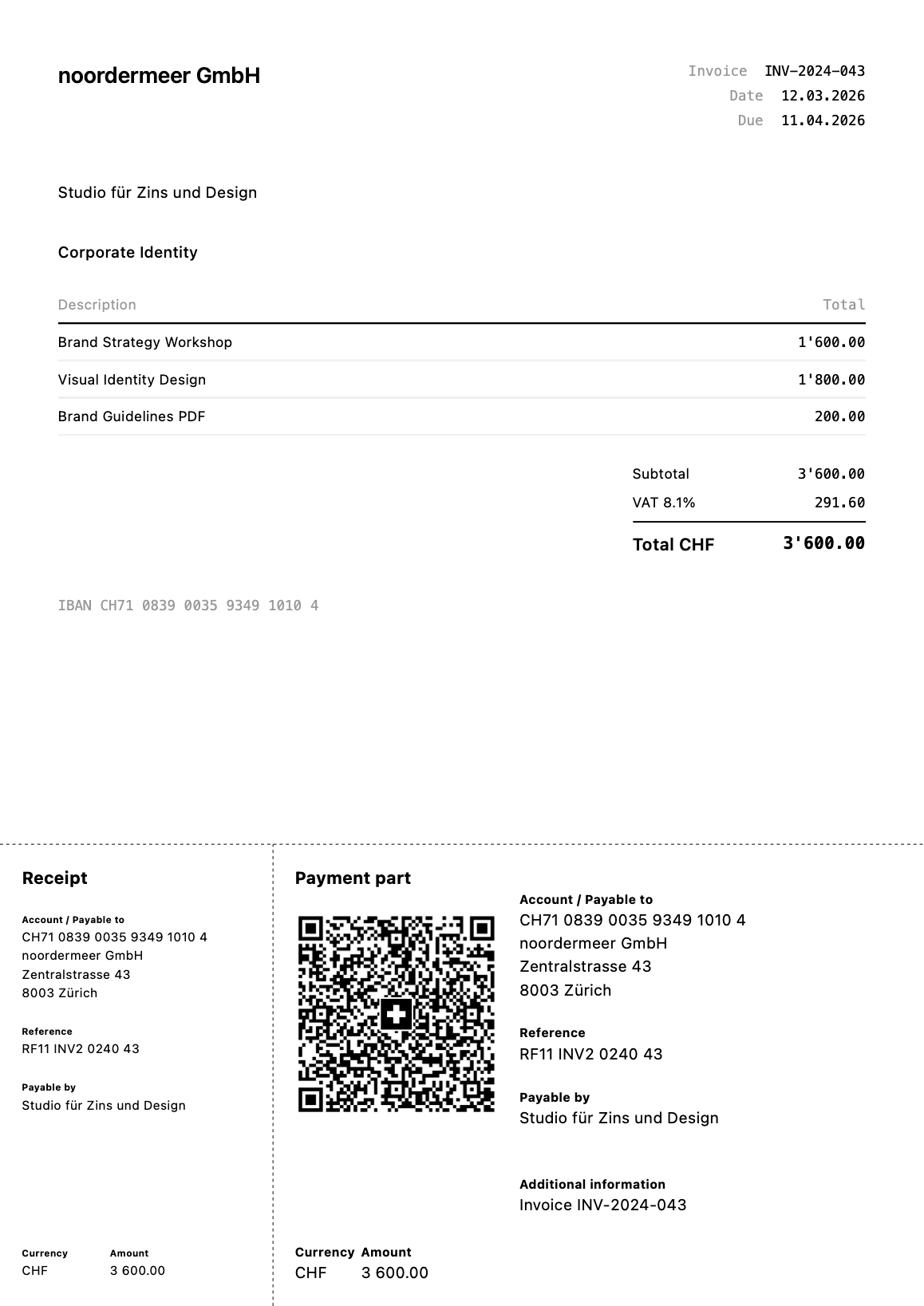 Minimal invoice template with QR payment slip