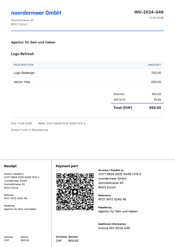 Modern invoice template with QR payment slip