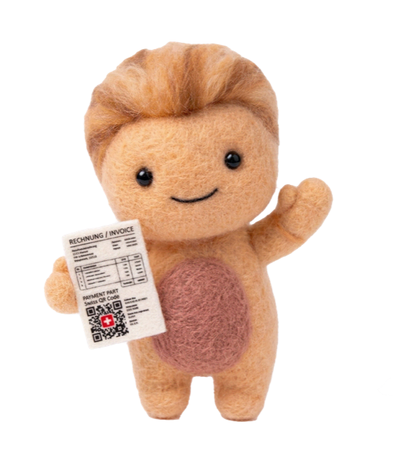 Needle-felted Harvie mascot holding a tiny Swiss QR invoice