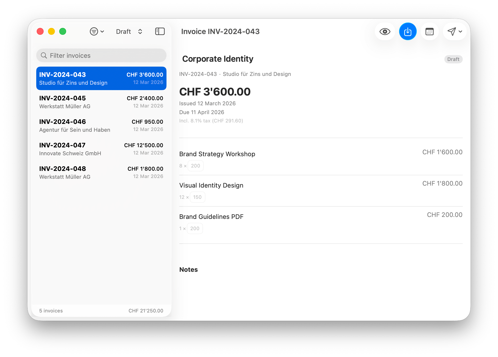 Harvie invoice list and detail view on macOS